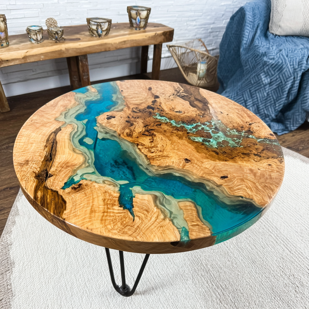 Custom Olive Blue Clear Round Epoxy Table in California