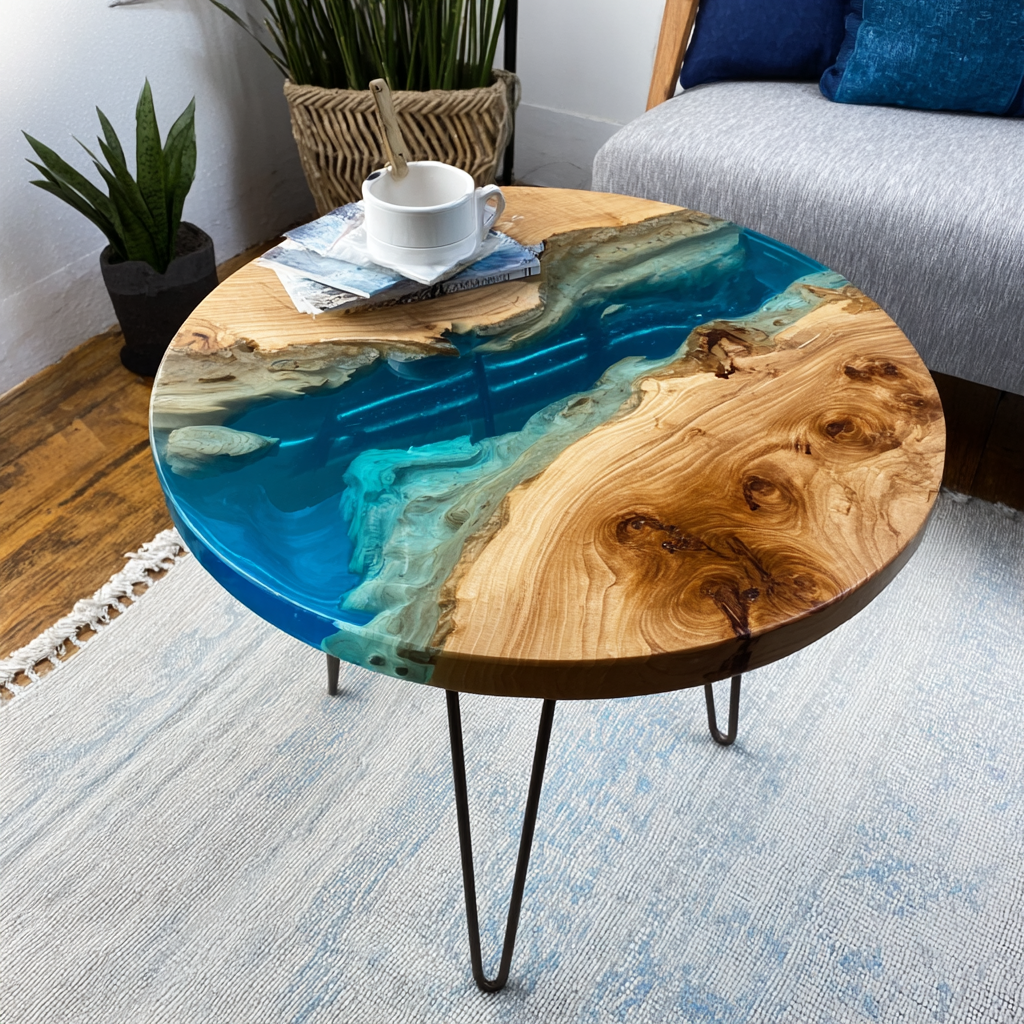 Olive Blue Clear Round Epoxy Table in California