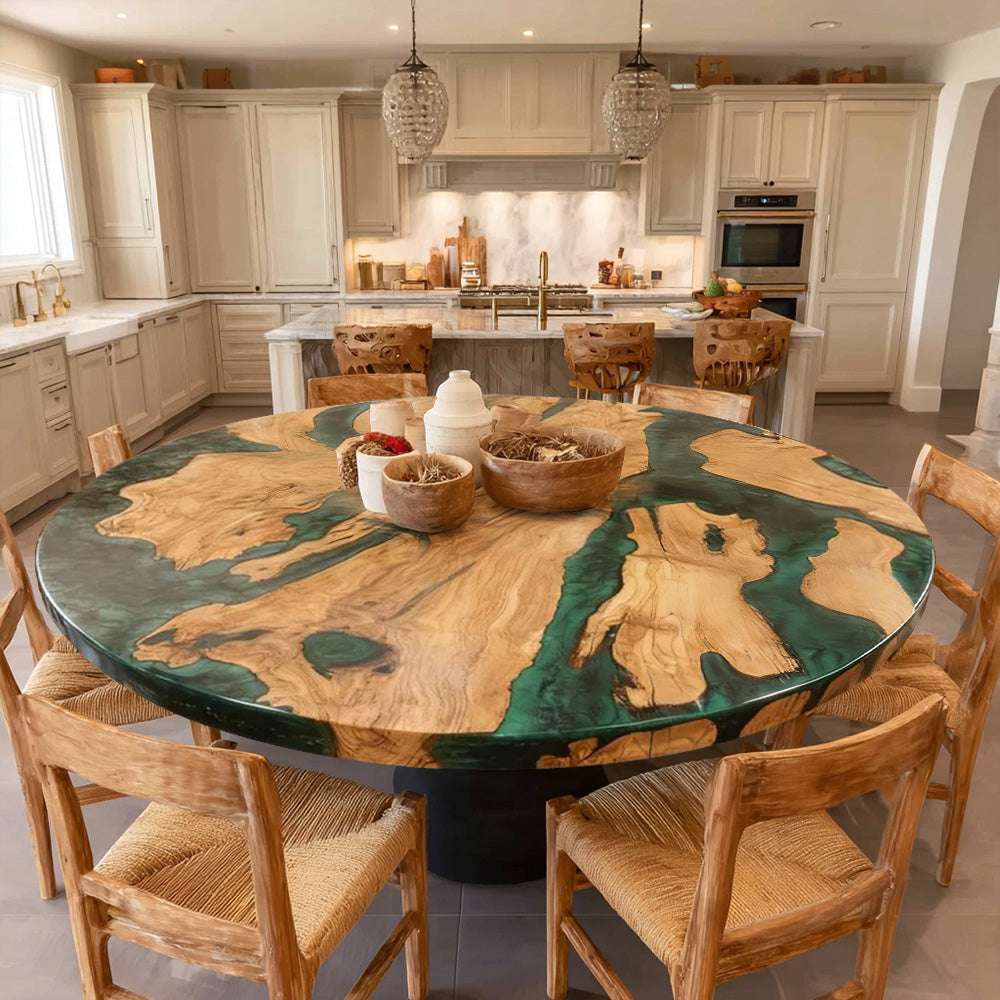 Custom Olive Green Round Epoxy Table 