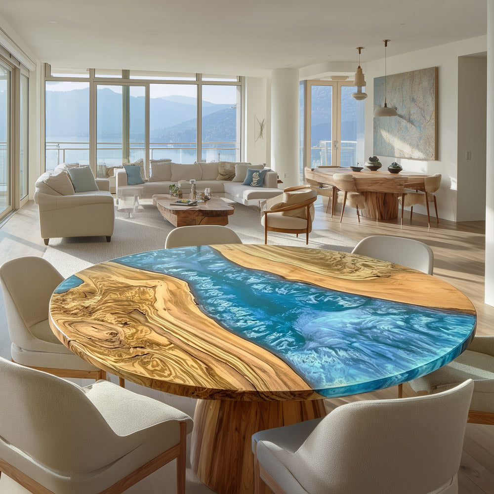 Olive Sky Blue River Round Dining Epoxy Table