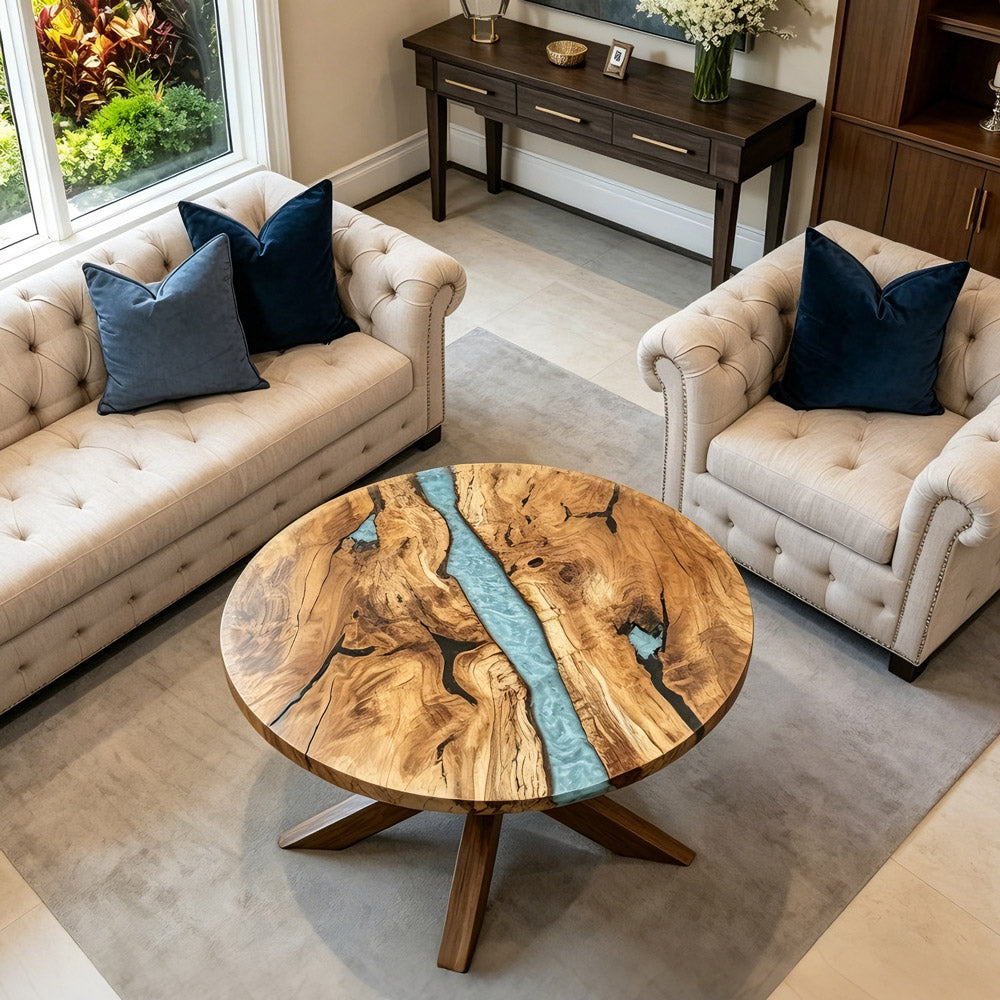 UTT Custom Olive Silver River Round Epoxy Table