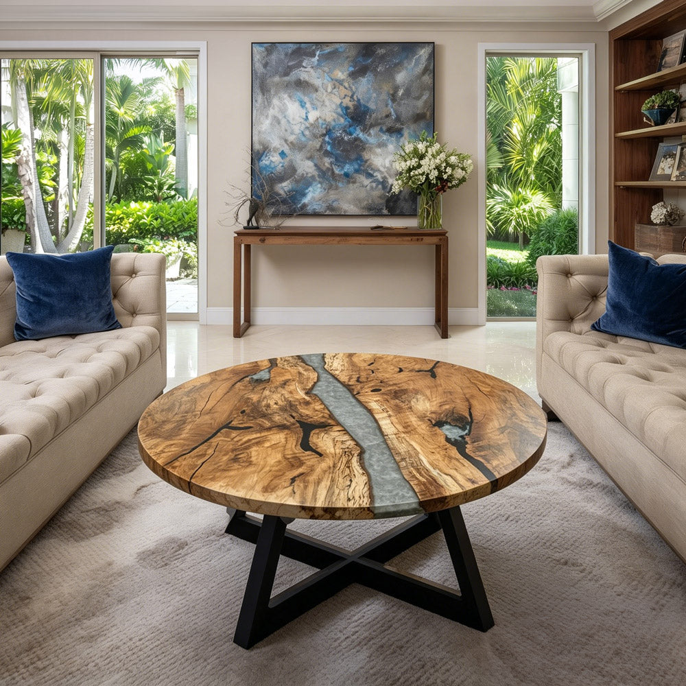Olive Silver River Round Epoxy Table URT41