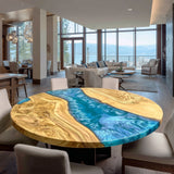 Custom Olive Sky Blue River Round Dining Epoxy Table