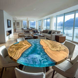 UTT Custom Olive Sky Blue River Round Dining Epoxy Table