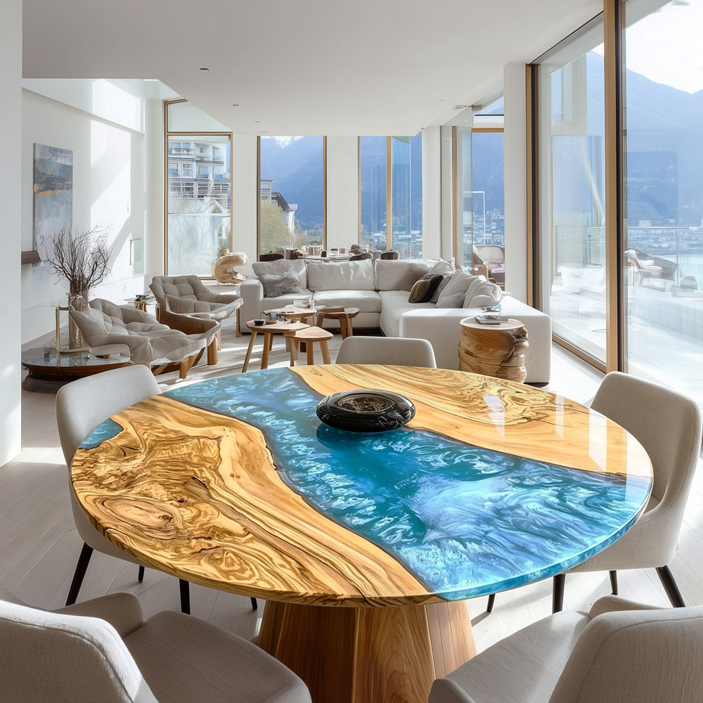 Olive Sky Blue River Round Dining Epoxy Table URT52