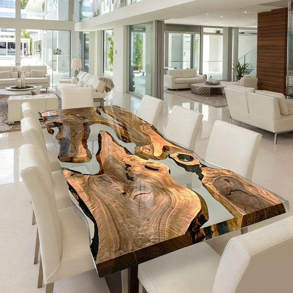 Custom Olive Wood Live Edge Clear Resin Epoxy Table
