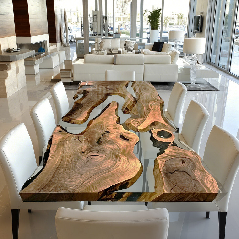 UTT Custom Olive Wood Live Edge Clear Resin Epoxy Table