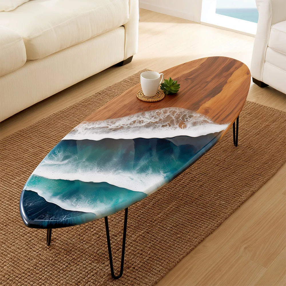 Custom Oval Walnut Ocean Wave Epoxy Resin Coffee Table | URT65