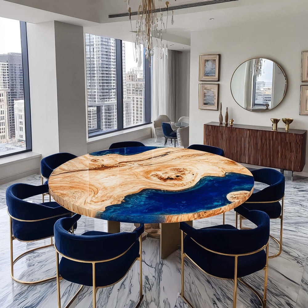UTT Custom Poplar Blue Resin Round Epoxy Table 