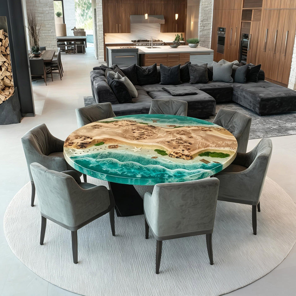 UTT Custom Poplar Green Sea Wave Ocean Beach Round Epoxy Table 