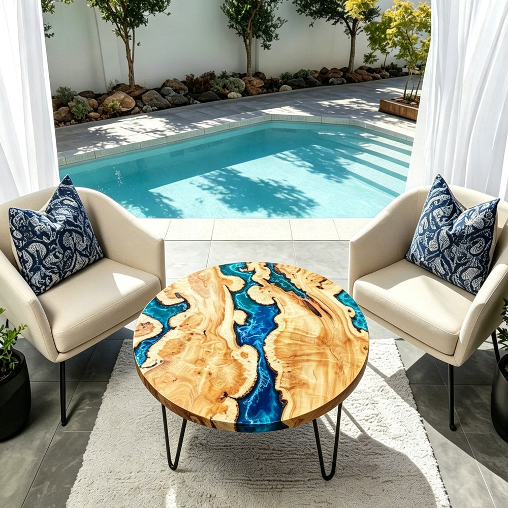 UTT Custom Poplar Round Blue Wave Epoxy Table 