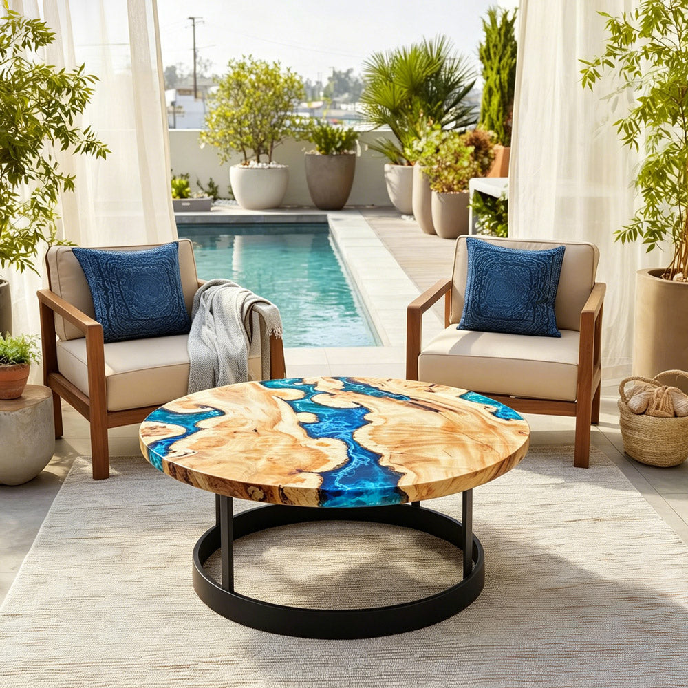 Poplar Round Blue Wave Epoxy Table 