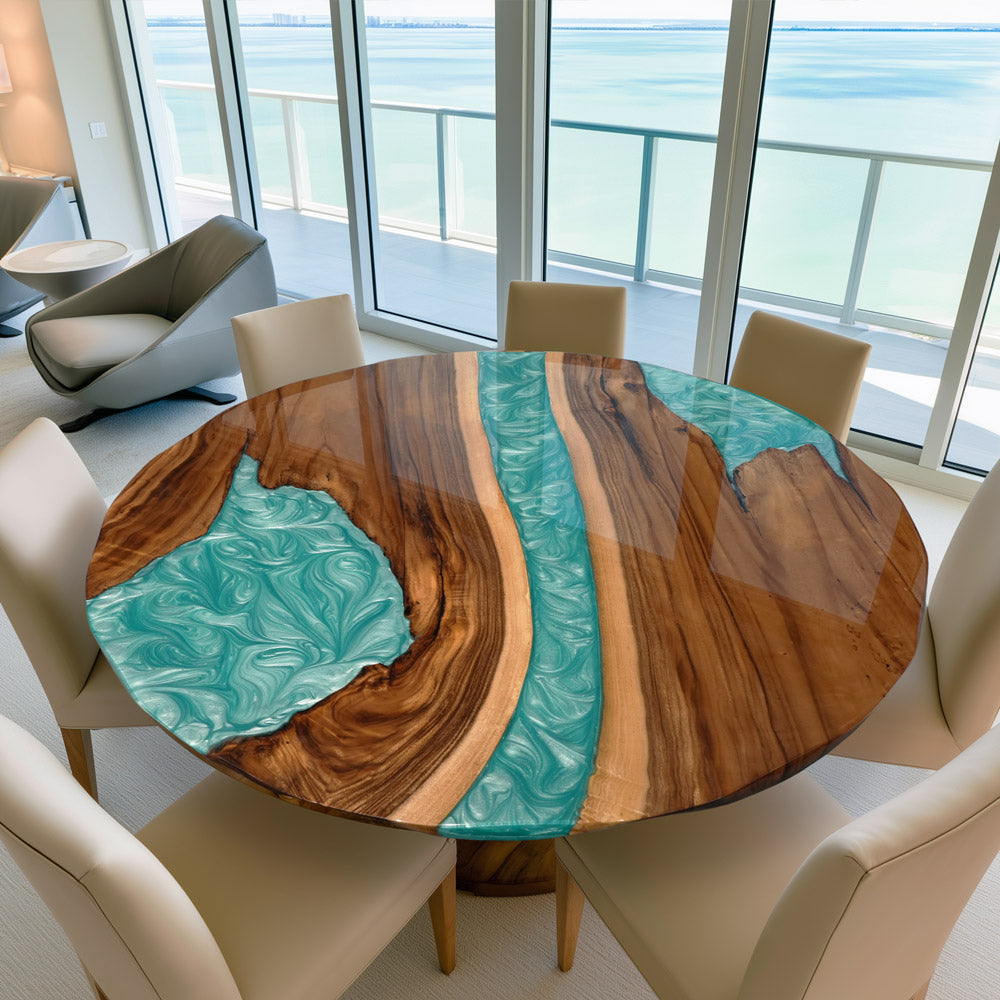 UTT Custom Round Coastal Walnut Peacock Blue Resin River Epoxy Table