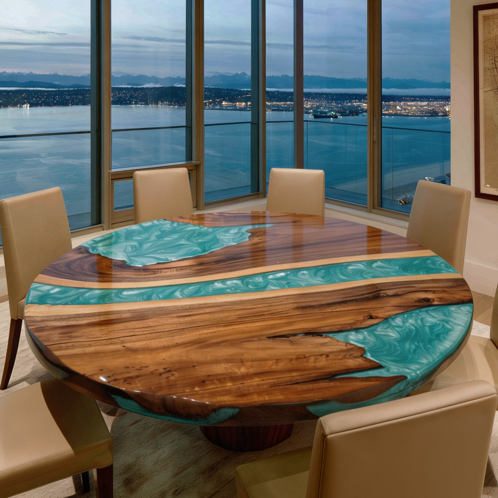 Round Walnut Peacock Blue Resin River Epoxy Table URT58