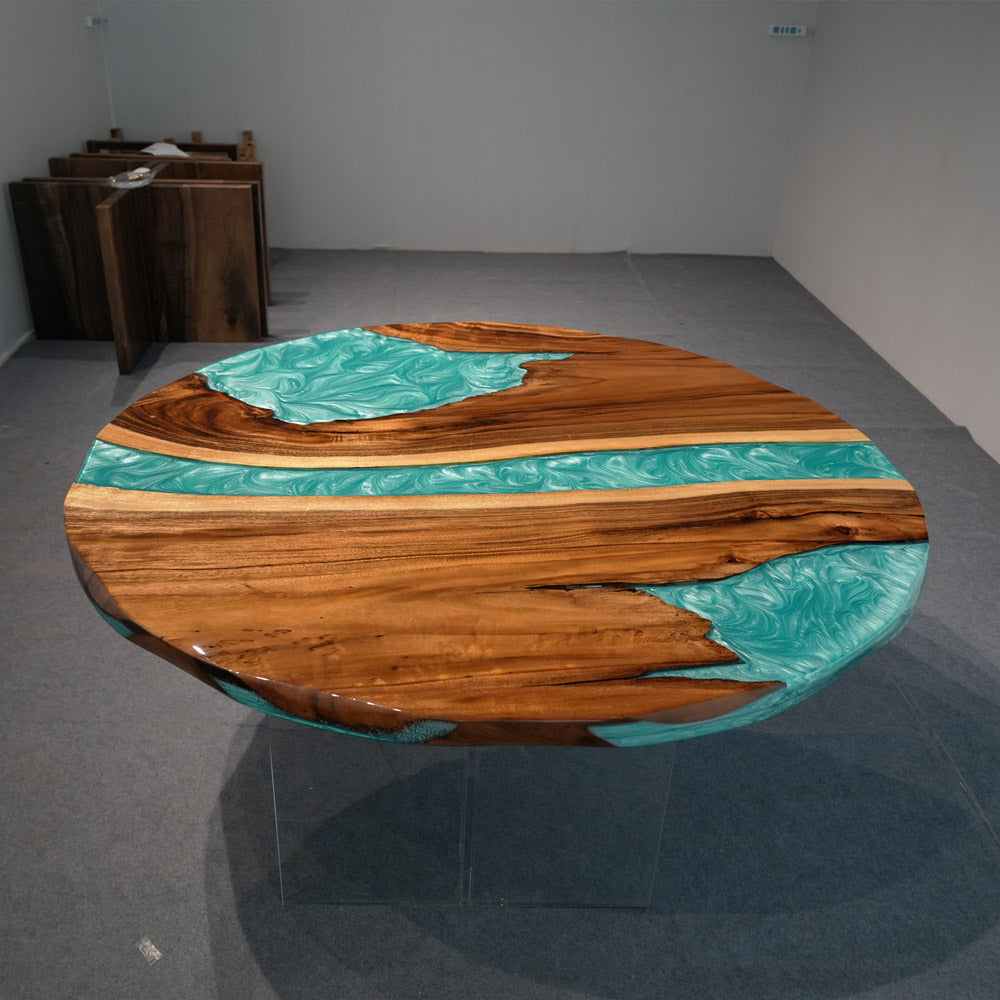 Walnut Peacock Blue Resin River Epoxy Table URT58