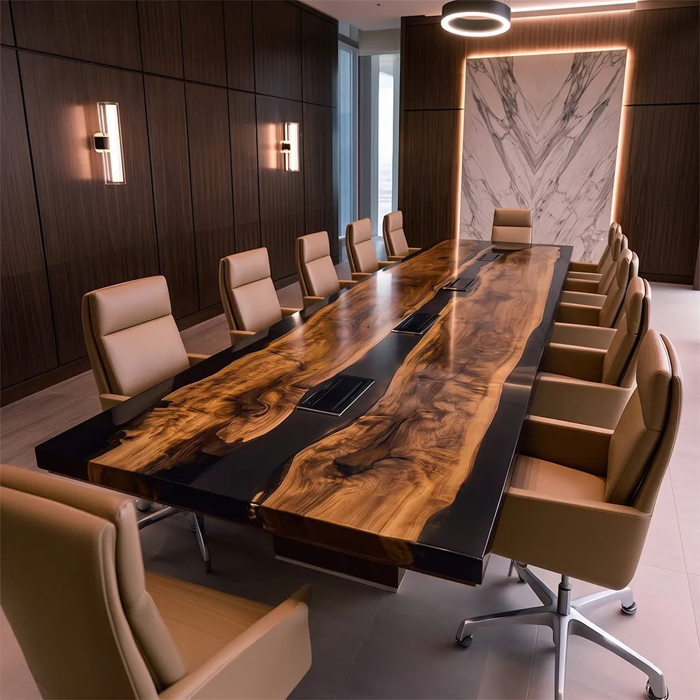 Solid Black Walnut Slabs Black Conference Epoxy Table-Full Smooth CCT10