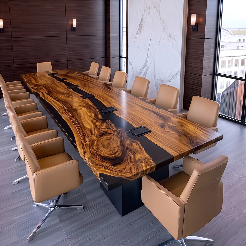 UTT Black Walnut Slabs Black Conference Epoxy Table-Full Smooth CCT10