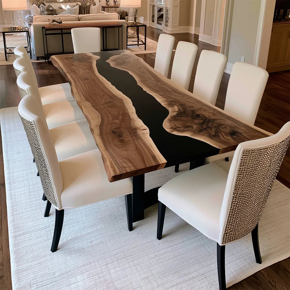 Solid Live Edge Walnut Black River Resin Epoxy Table UTT106