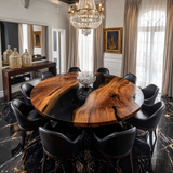 Custom Walnut Black River Round Dining Epoxy Table