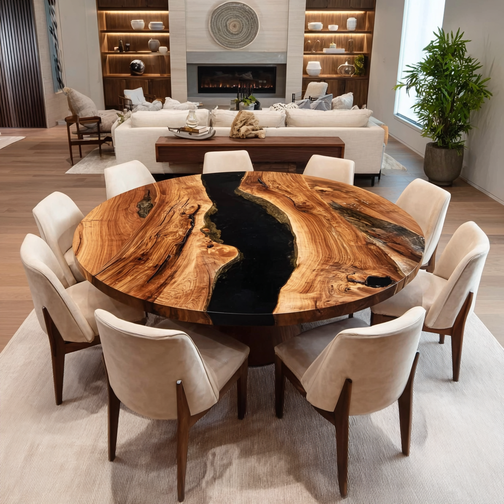 Custom Walnut Black River Round Dining Epoxy Table URT42