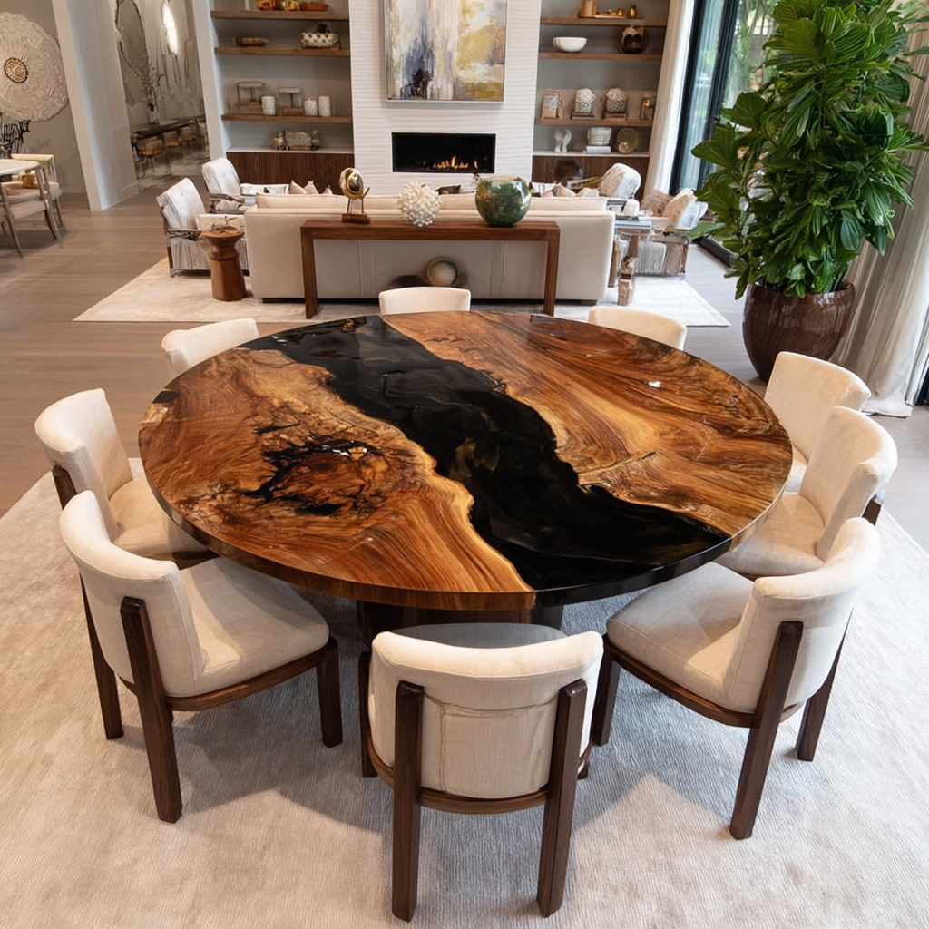 UTT Custom Walnut Black River Round Dining Epoxy Table