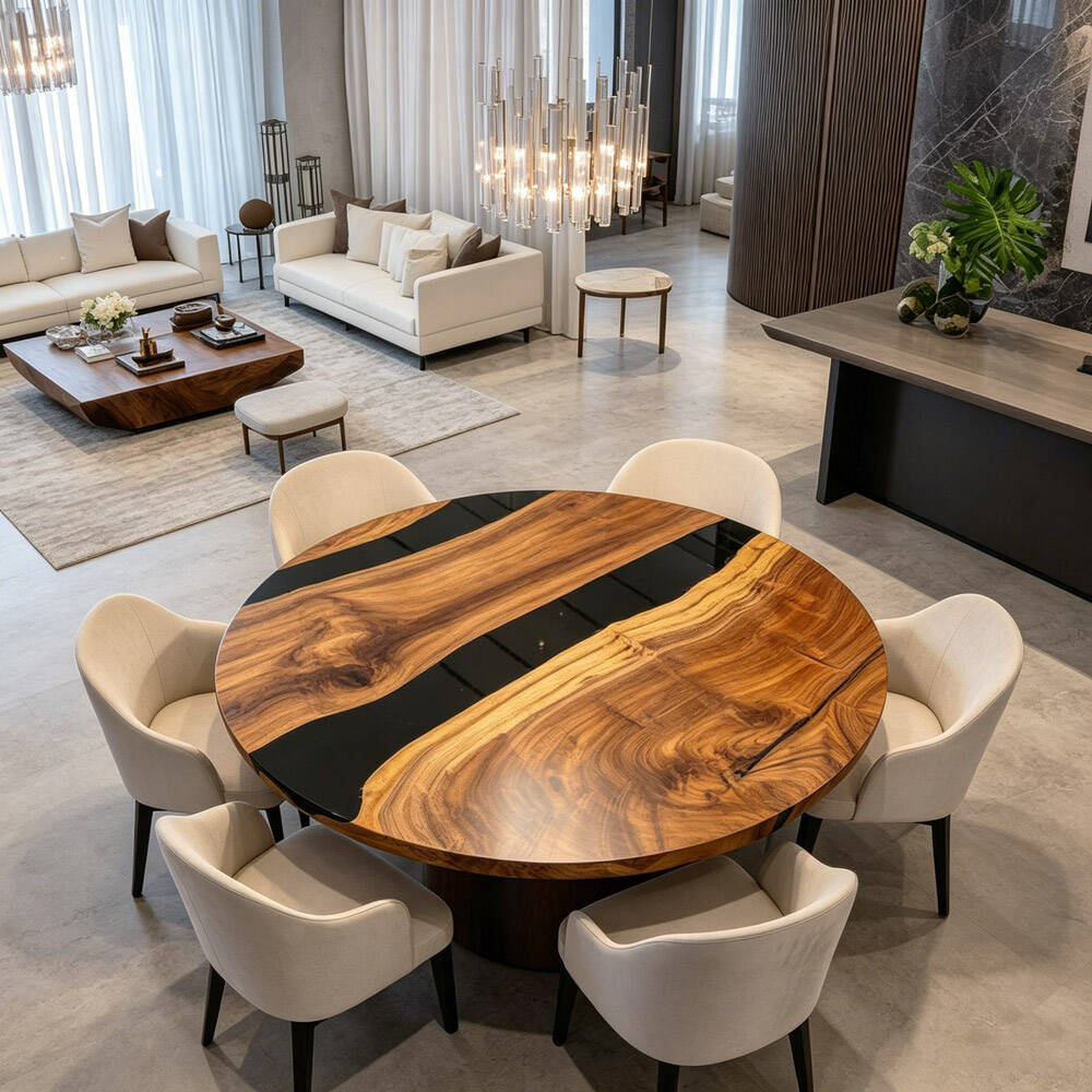 UTT Custom Walnut Black River Round Dining Epoxy Table
