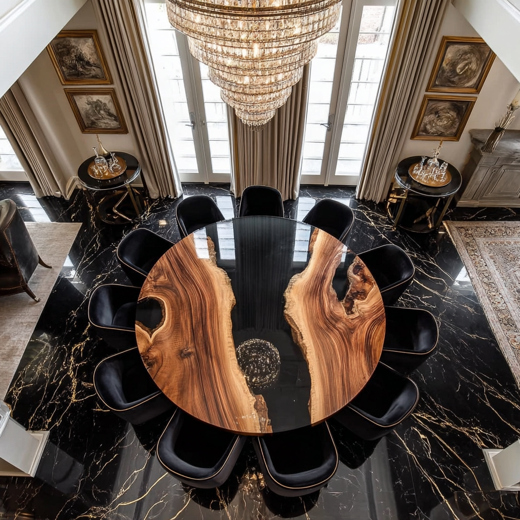Custom Walnut Black River Round Dining Epoxy Table URT42