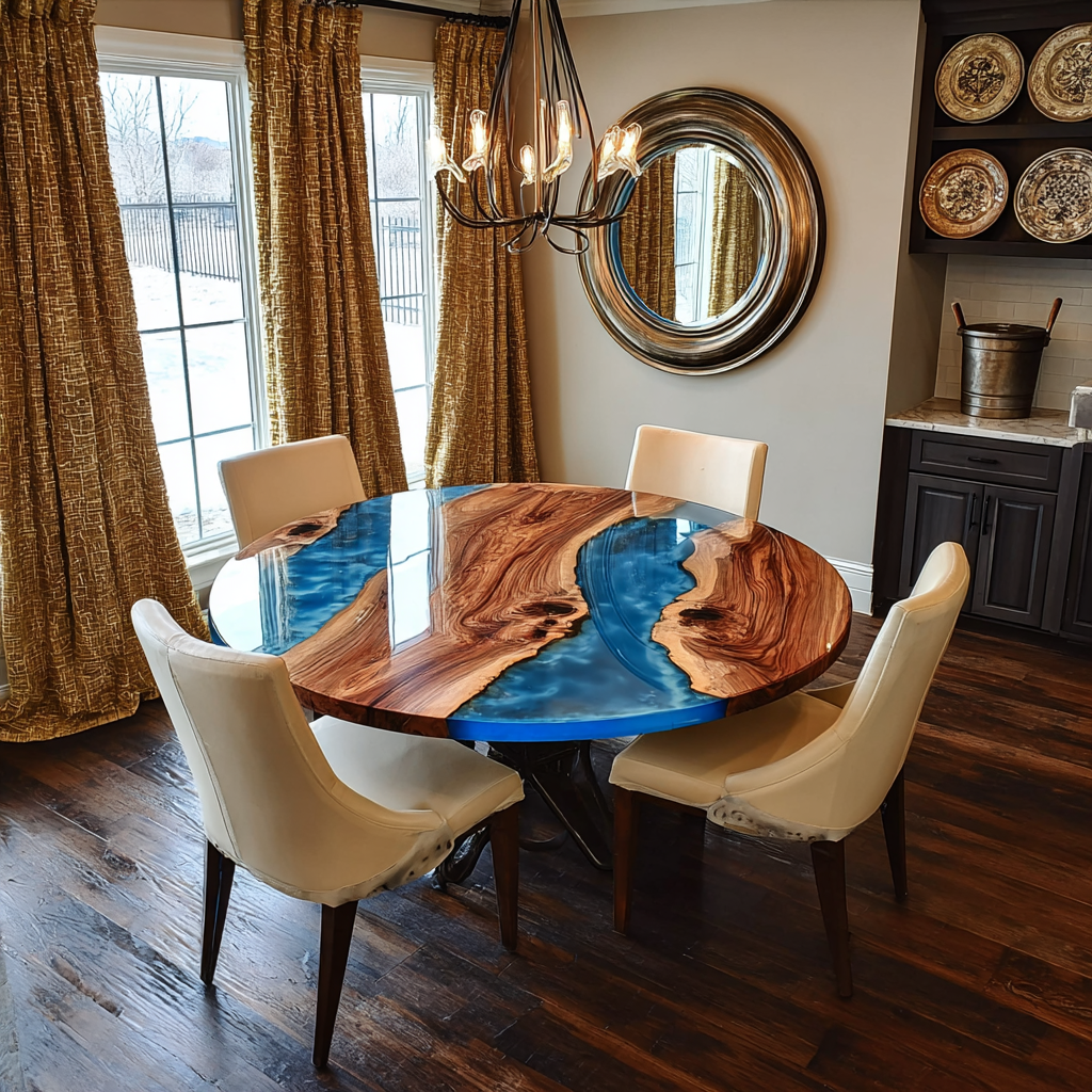 UTT Walnut Blue Round Dining Epoxy Table