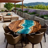 Walnut Blue Ocean Wave Epoxy Round Table URT45