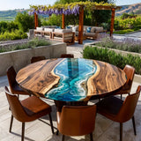 UTT Custom Walnut Blue Ocean Wave Epoxy Round Table