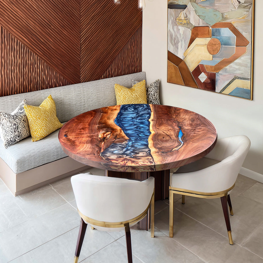 UTT Custom Walnut Blue Orange Mixed River Epoxy Round Table 