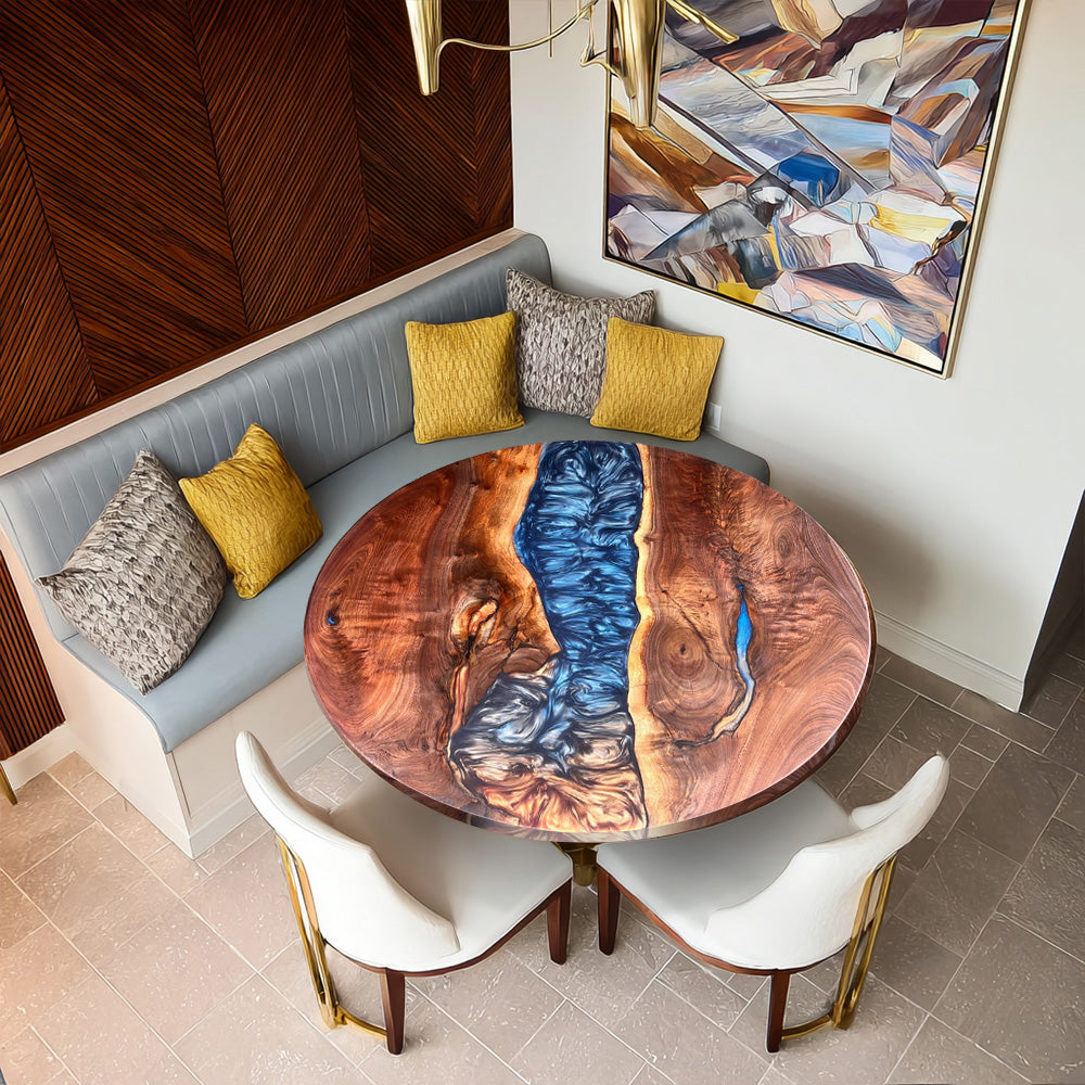 Walnut Blue Orange Mixed River Epoxy Round Table URT44