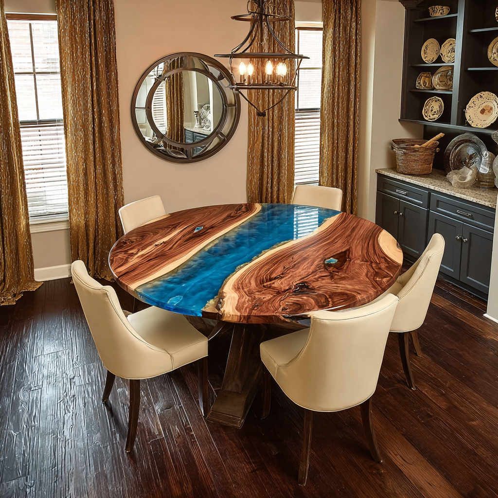 UTT Custom Walnut Blue Round Dining Epoxy Table 