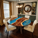 Custom Walnut Blue Round Dining Epoxy Table URT43