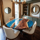 Walnut Blue Round Dining Epoxy Table URT43