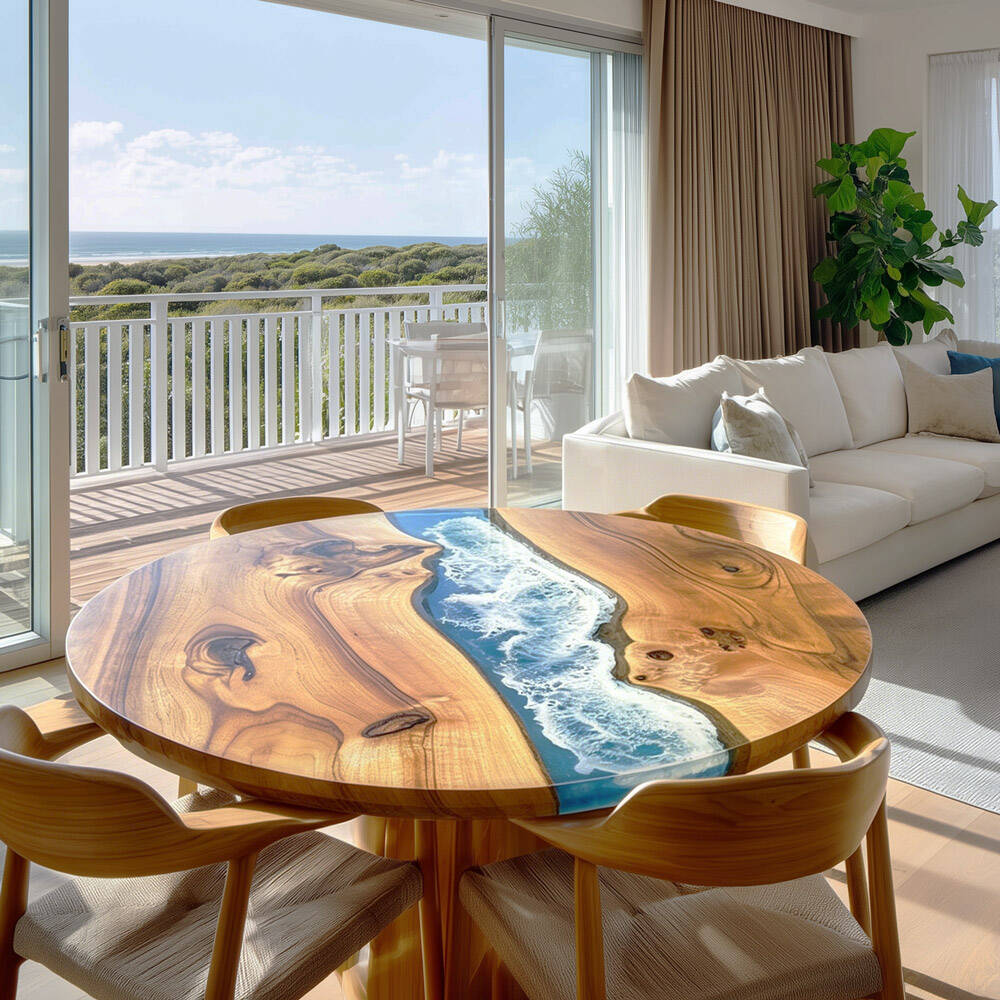 Walnut Blue Wave Ocean Round Dining Epoxy Table 