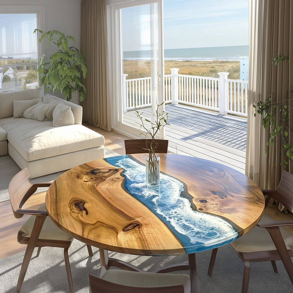 Custom Walnut Blue Wave Ocean Round Dining Epoxy Table 