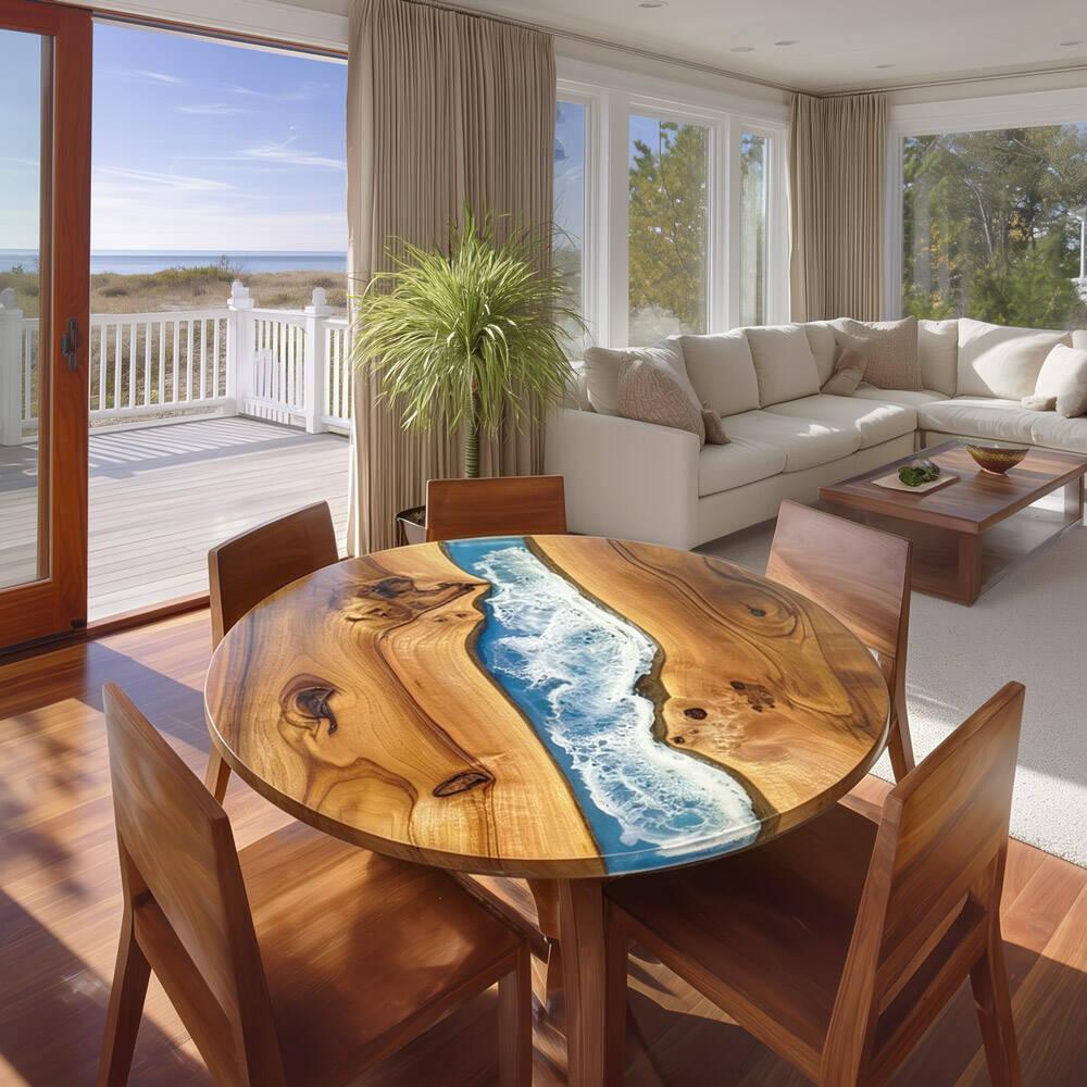 UTT Custom Walnut Blue Wave Ocean Round Dining Epoxy Table