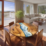 UTT Custom Walnut Blue Wave Ocean Round Dining Epoxy Table