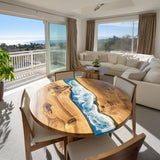 Walnut Blue Wave Ocean Round Dining Epoxy Table