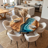 UTT Custom Walnut Deep Blue Ocean Wave Round Epoxy Table 