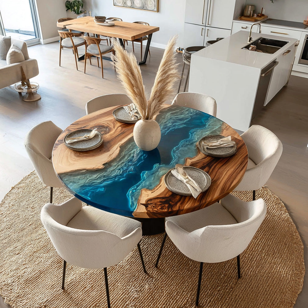 Walnut Wave Round Epoxy Table URT37