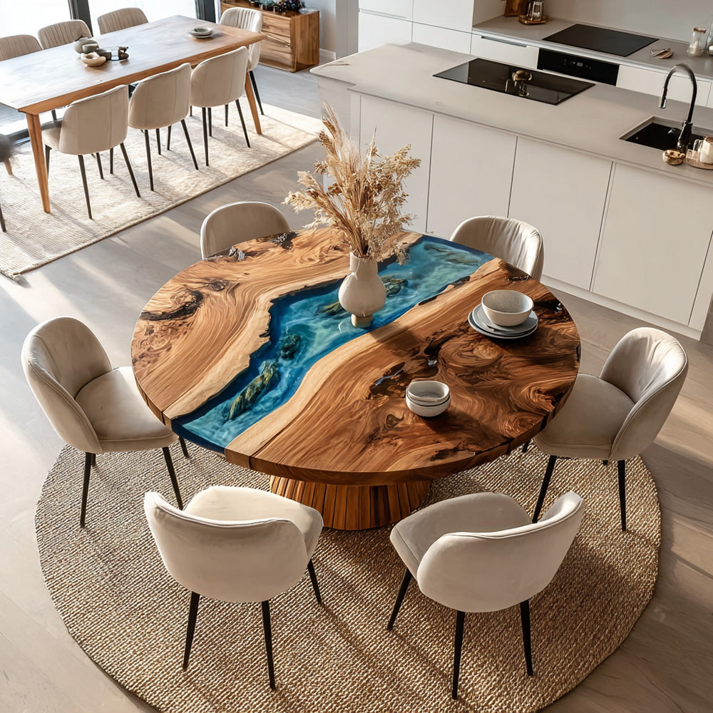 Walnut Blue Ocean Wave Round Epoxy Table URT37