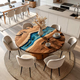 Walnut Blue Ocean Wave Round Epoxy Table URT37