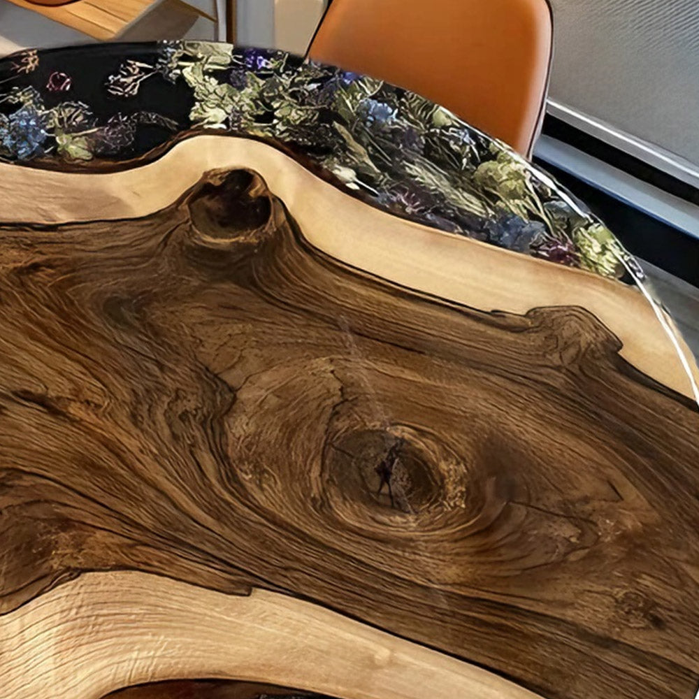  Walnut Floral Black Resin Round Epoxy Table in New York