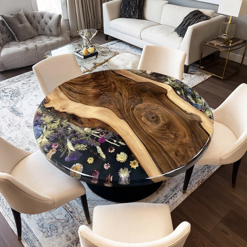 UTT Custom Walnut Floral Black Resin Round Epoxy Table  in New York