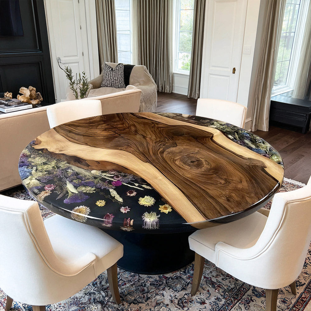 Walnut Floral Black Resin Round Epoxy Table in New York