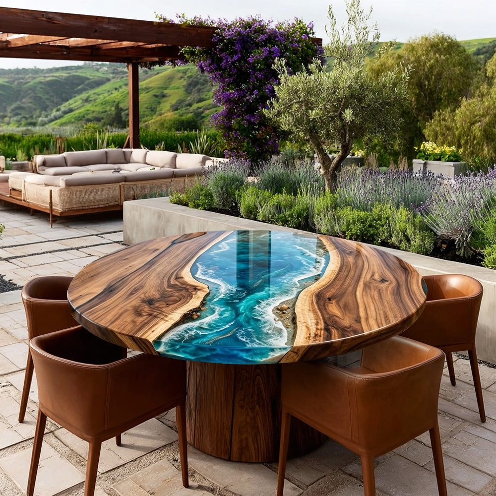 Walnut Blue Wave Epoxy Round Table 