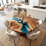 Custom Walnut Deep Blue Ocean Wave Round Epoxy Table