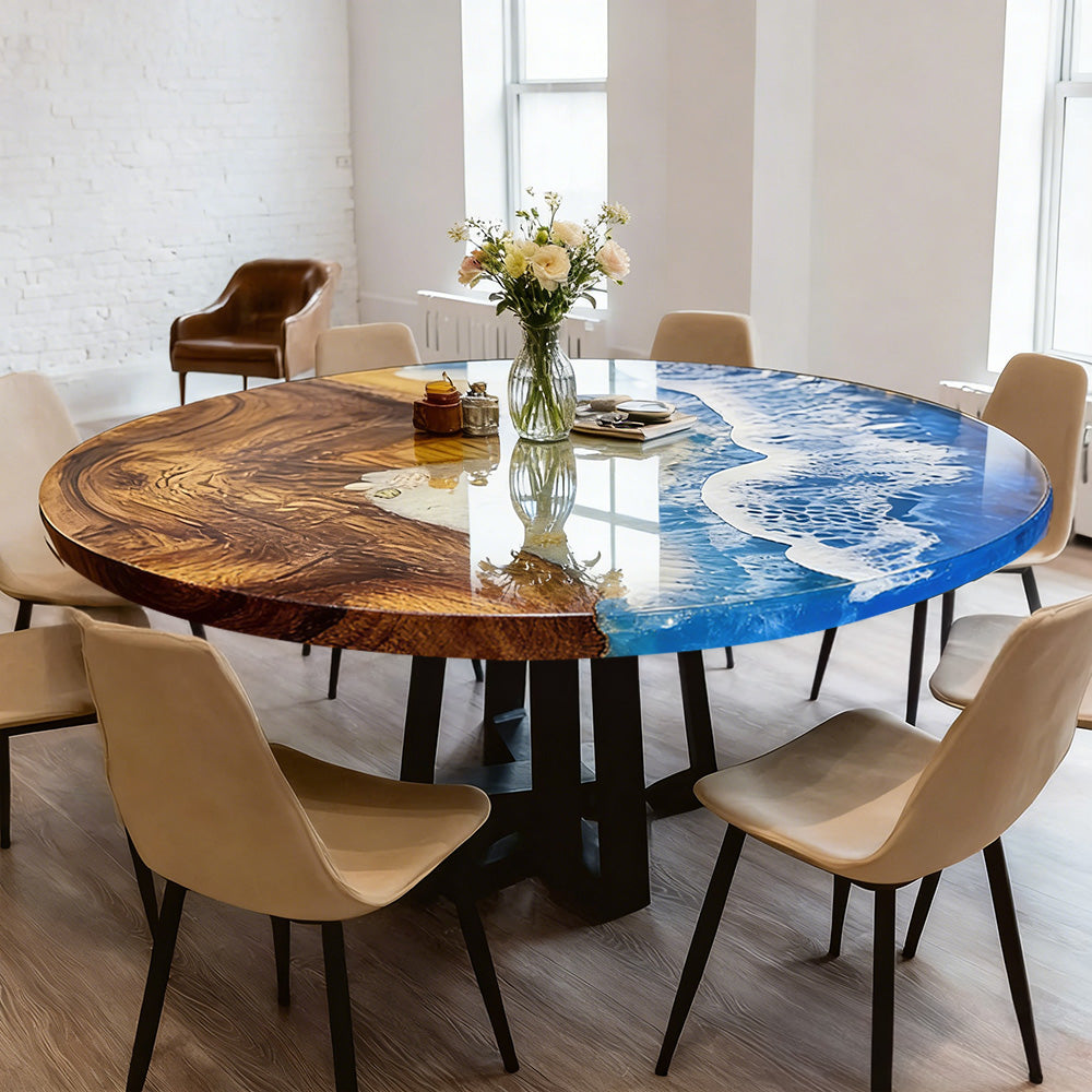 Custom Walnut Seawave Resin Round Epoxy Table in Miami
